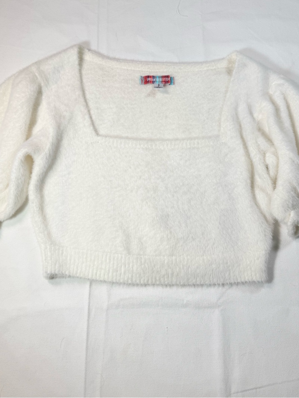 Urban Outfitters Fuzzy Square Neck Puff Sleeve Crop Top Cream White Small